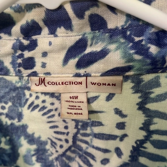 JM Collection Button Down top swirl print 3/4 sleeve Linen Blue White 14W - Picture 2 of 5